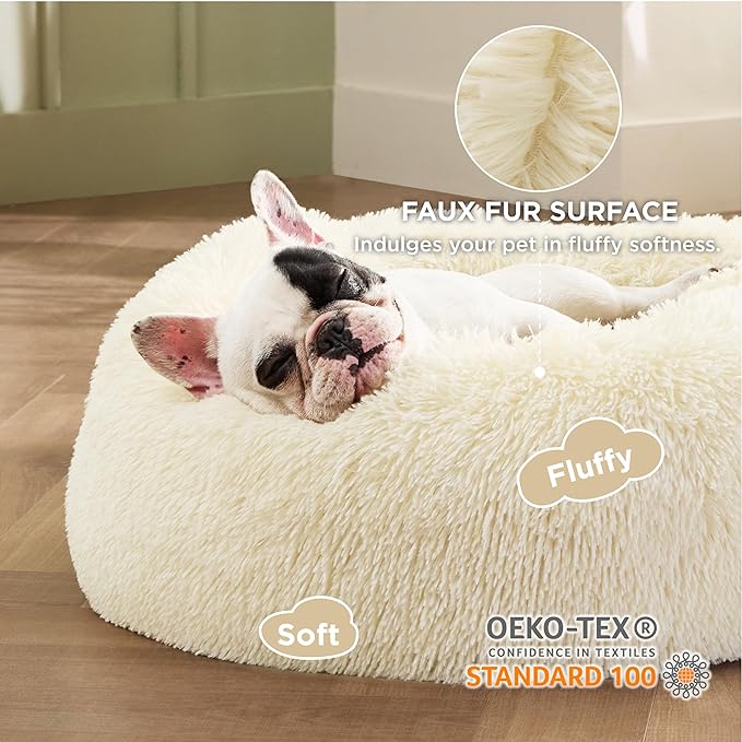 Bedsure Calming Dog Bed for Small Dogs - Donut Washable Small Pet Bed, Round Anti-Slip Fluffy Plush Faux Fur Large Cat Bed, Fits up to 25 lbs Pets, Cream, 23 inches