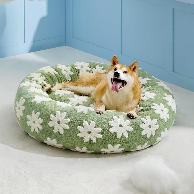LE SURE Donut Large Dog Bed - Round Cat Beds for Indoor Anti-Anxiety Calming Pet Beds, Washable Cute Modern Beds with Teddy Sherpa Plush & Anti Slip Bottom, 36 Inch, Green