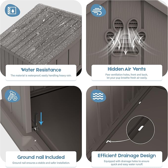 Large Dog House Outdoor Indoor for Medium Large Dogs, Durable Plastic Waterproof Doghouse with Air Vents and Elevated Floor, Easy Clean and Assemble (Grey, 36.2''LĂ38''WĂ38''H)