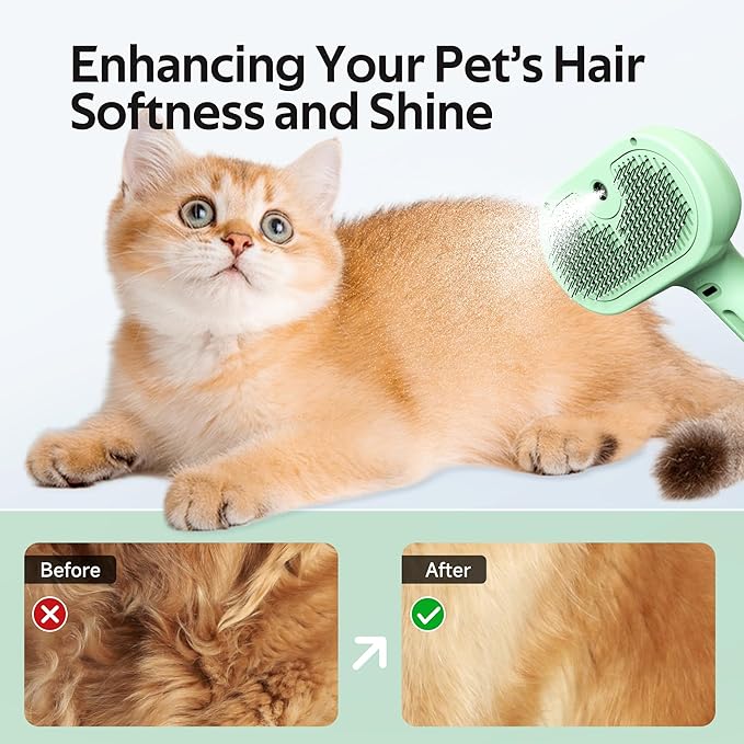 Pet Grooming Brush with Electronic Mist Spray - Gentle Deshedding Tool for Cats & Dogs, Pet Steam Brush,Reduces Shedding, Soft Bristles, Promotes Healthy Coat-Comes with a hair smoothing comb-Greener