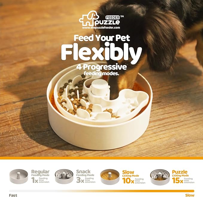 Slow Feeder Dog Bowl with Lick Mat and Puzzle Inserts - Non-Slip Base, Adjustable Speed Design, Dishwasher Safe for Puppies, Orange