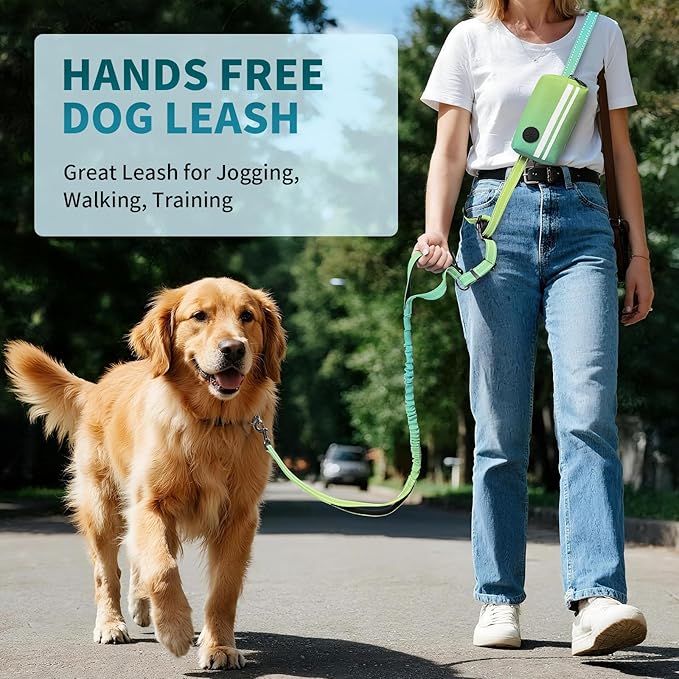 Hands Free Dog Leash with Removable Zipper Pouch, Dual Padded Handles and Durable Bungee for Walking, Jogging and Running-Cyan