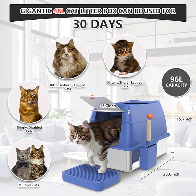 Stainless Steel Cat Litter Box with Lid Extra Large Open-Top Dual Entry Enclosed Metal Pan Tray with High Sides Pedal Scoop Non-Stick Anti-Leakage Easy Cleaning for Big Multi-Cat (Blue)