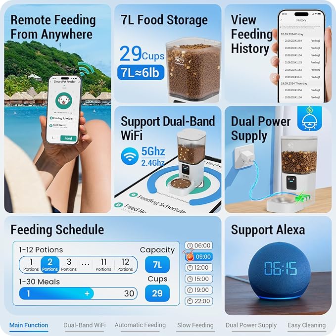 Automatic Cat Feeder with Slow Feed: 5G WiFi Automatic Dog Feeder with Smart APP Control, Auto Cat Food Dispenser with Alexa for Multiple Pets, Detachable for Easy Cleaning - 29 Cup(7L)