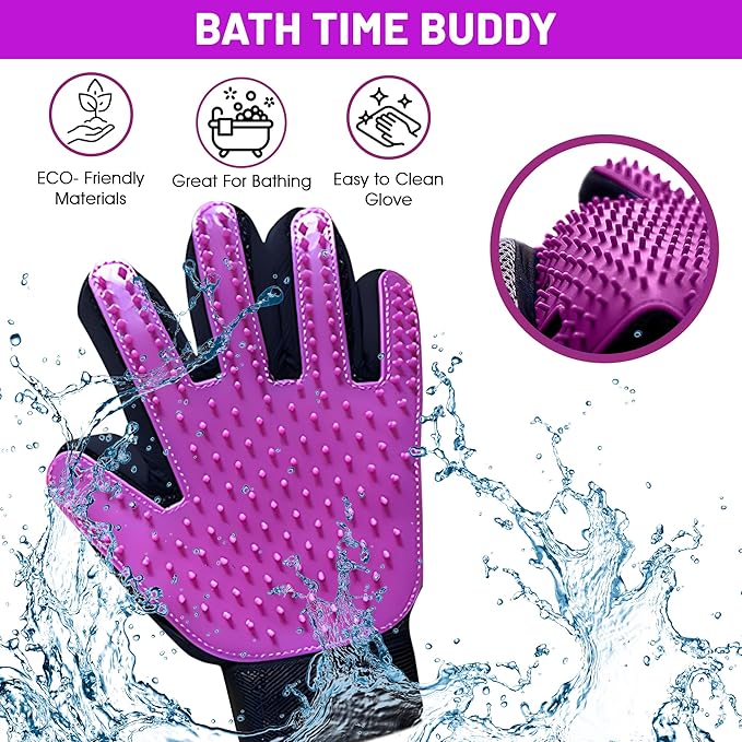 Upgrade Pet Grooming Gloves, Grooming Gloves for Dogs, Cats, Rabbits & Horses with Long and Short Hair, Efficient Pets Hair Remover Mittens - 1 Pair (Purple)