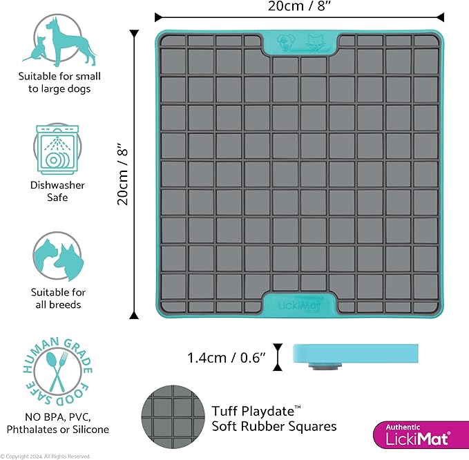 LickiMat Tuff, Heavy-Duty Playdate, Dog Slow Feeder Lick Mat, Boredom Anxiety Reducer; Perfect for Food, Treats, Yogurt, or Peanut Butter, Fun Alternative to a Slow Feed Dog Bowl, Turquoise