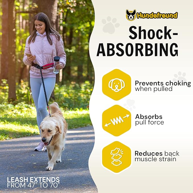 Hundefreund Hands Free Dog Leash for Medium and Large Dogs (30-150lbs) - Dual Handle Waist Leash for Running, Walking and Hiking with Adjustable Zipper Waist Belt and Reflective Elastic Bungee (Red)