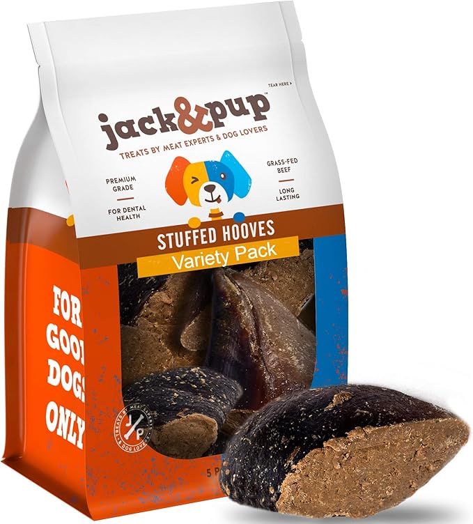 Jack&Pup Filled Cow Hooves for Dogs (Variety Pack), Cow Hoofs for Dogs, Natural Dog Chews, Stuffed Bones (Bacon and Cheese, Peanut Butter, Bully Stick Flavors) 3 Pack