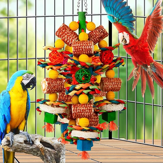 Bird Toys, Parrot Toys for Large Birds,Natural Corn cob and Loofah Slices Bird chew Toys for African Grey Parrots, Macaws, Cockatoos, Amazon Parrot and other Small and Medium-Sized Parrot (Colorful)