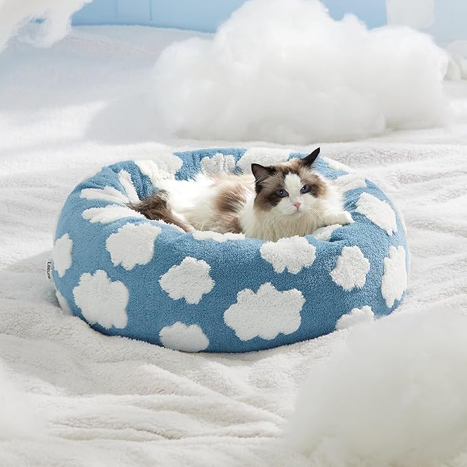 LE SURE Donut Cat Beds for Indoor Cats - Small Round Dog Bed for Calming Pets with Washable Cover, Cute Modern Puppy Beds with Jacquard Shaggy Plush & Anti Slip Bottom, 20 Inch, Blue