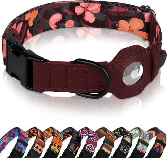 AirTag Dog Collar with Metal Buckle - Soft Leather Printed Nylon Dog Collar with Apple AirTag Holder - Cute Tracking GPS Pet Collars for Girl Boy Small Large Dogs (S, 12"-15" Neck Fit, Crossandra)