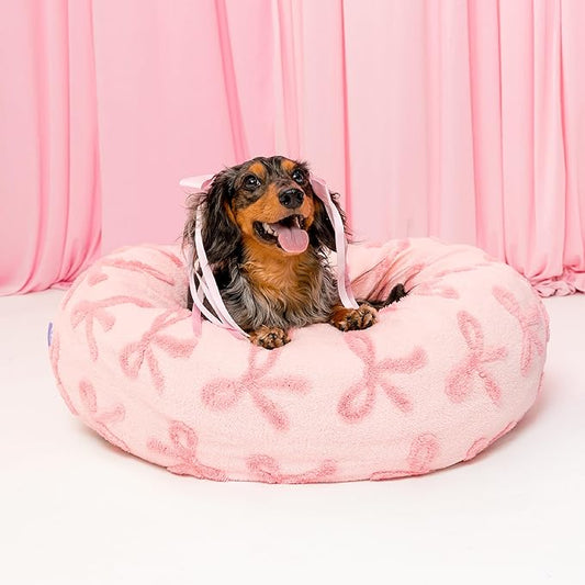 LE SURE Donut Medium Dog Bed - Round Cat Beds for Indoor Cats Calming Pet Beds, Cute Modern Beds with Jacquard Shaggy Plush & Anti Slip Bottom, 30 Inch, Pink Taffy