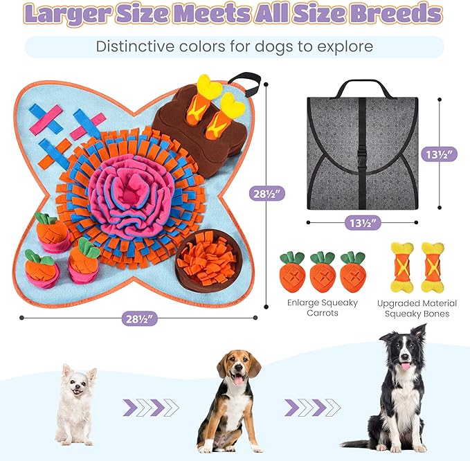 Snuffle Mat for Dogs 32''X20'' for Large Dogs with Dog Leash, Nosework Interactive Sniffing Mat for Cats Rabbits, Slow Feeding Mat for Foraging and Stress Relief (Red, 32"x20")