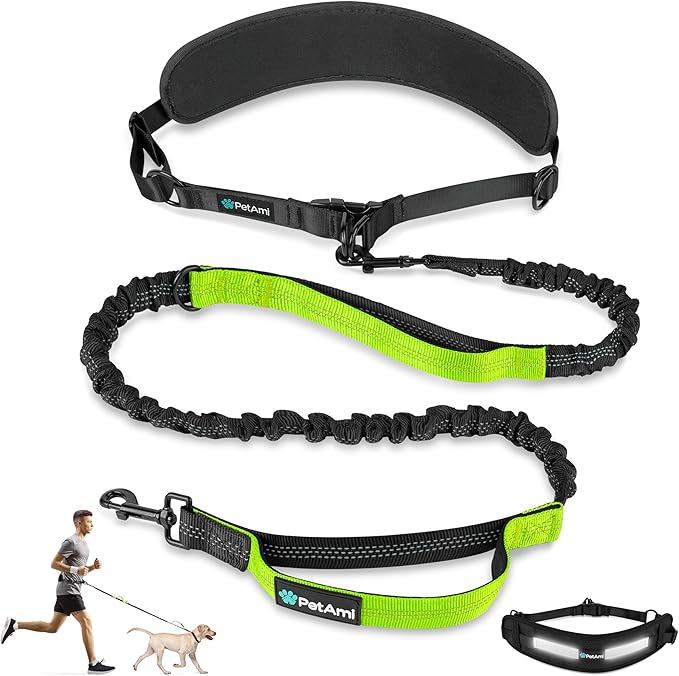 PetAmi Heavy Duty Hands Free Dog Leash, Adjustable Waist Belt for Large Dog Walking Up to 125 lbs, Bungee Leash for Pet Running, Hiking, Reflective Safety for Jogging, Biking, Green Handle