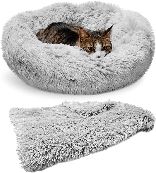 Whiskers & Friends Cat Bed, Cat Beds for Indoor Cats Washable, Orthopedic Soft Fluffy Round Calming Pet Bed for Small to Large Kitty Kittens & Dogs, Small Dog Beds & Furniture - with Blanket
