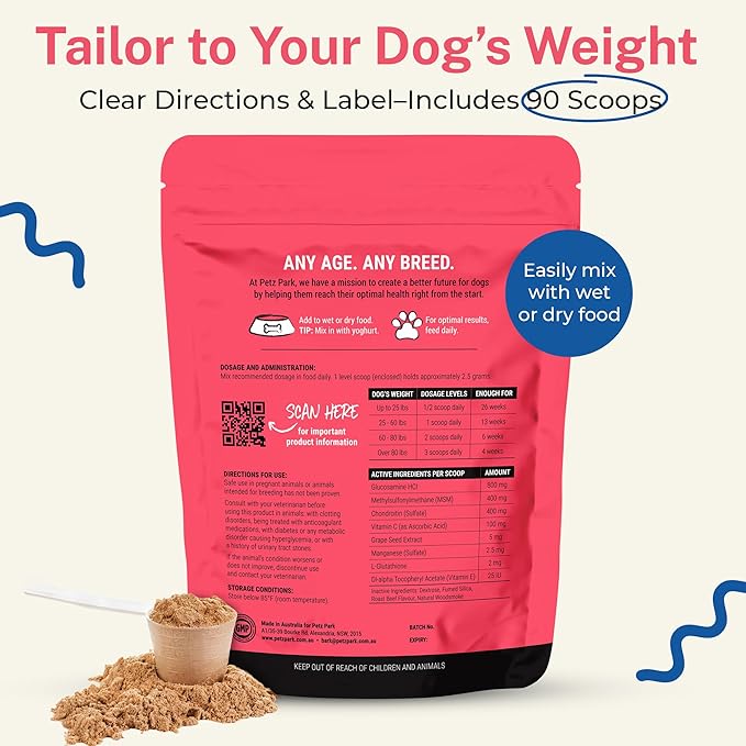 Glucosamine for Dogs - Hip & Joint Support Powder with Chondroitin & MSM - Arthritis Pain Relief, Hip Dysplasia Treatment - 800mg Glucosamine - 90 Scoops