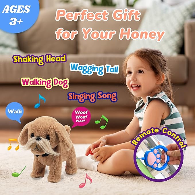 Hopearl Walking Dog Interactive Electronic Pet Toy Remote Control Leash Animated Puppy Nodding Barking Wagging Tail Gifts for Toddlers Birthday, Brown, 9''