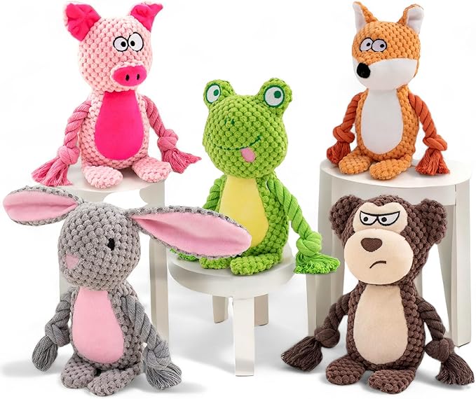Playtime Palace, Premium Quality Plush Dog Toys Pack of 5 - Chewy and Squeaky Fun for All Breeds - Durable Teething Options for Puppies - Ideal for Small, Medium, and Large Dogs - Ultimate Value Pack