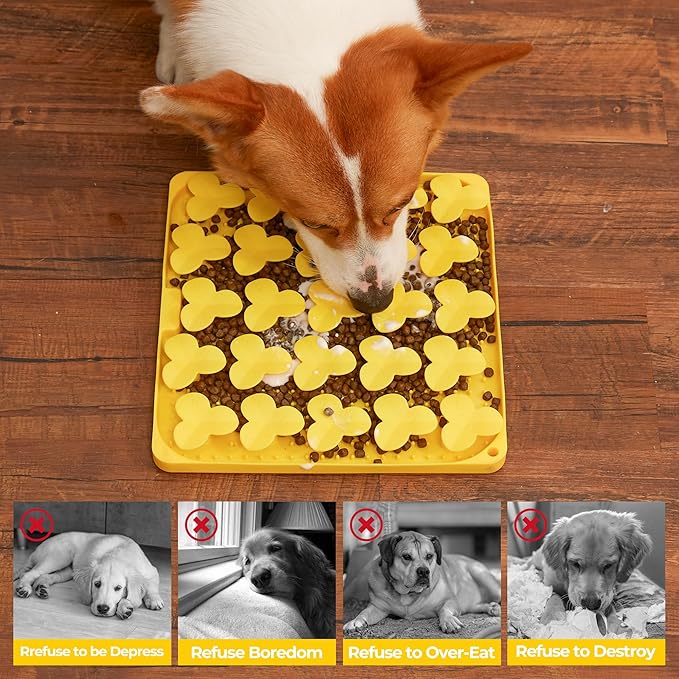 Snuffle Mat for Dogs, Lick Mat to Slow Down Eating, Puzzle Toys for Large and Medium Breed Dogs, Silicone Bowls for Dry, Wet, Raw Food, Yellow