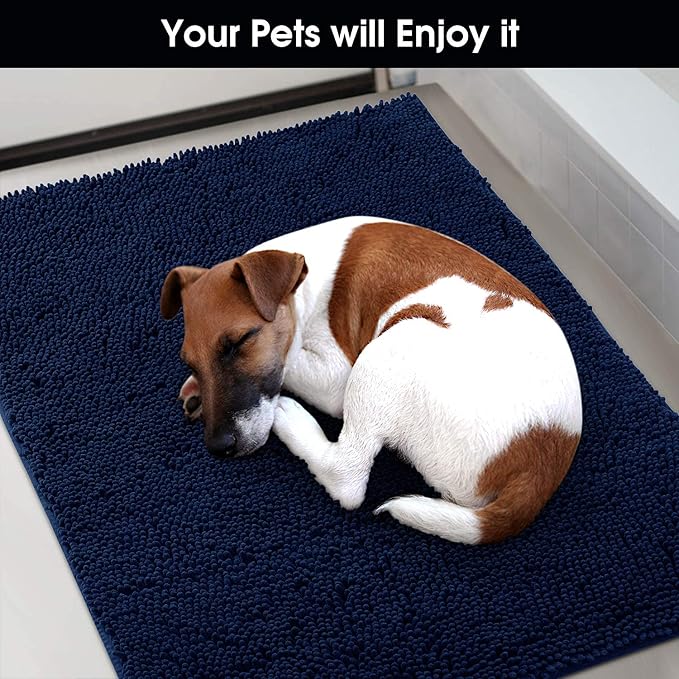 HOMEIDEAS Doormat Indoor Entrance, 48"x30", Highly Absorbent Chenille Large Muddy Dog Washable Non Slip Front Welcome Door Mat for Entryway, Navy Blue