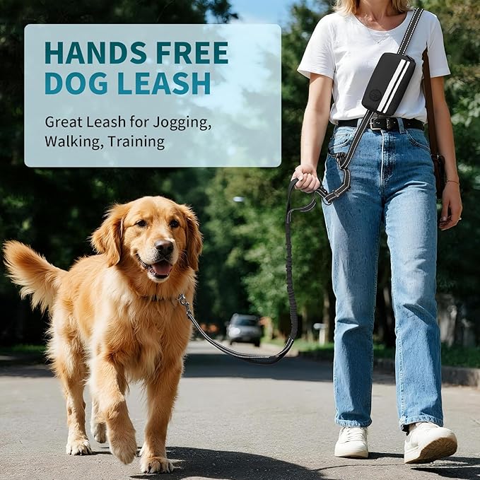 Hands Free Dog Leash with Removable Zipper Pouch, Dual Padded Handles and Durable Bungee for Walking, Jogging and Running-Black