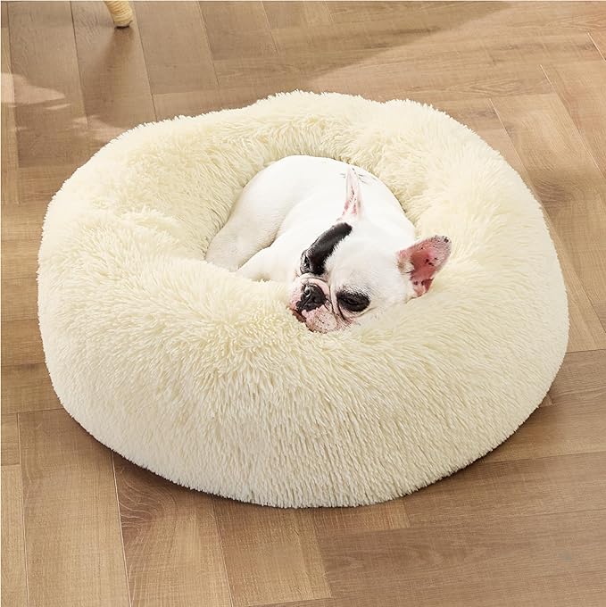 Bedsure Calming Dog Bed for Small Dogs - Donut Washable Small Pet Bed, Round Anti-Slip Fluffy Plush Faux Fur Large Cat Bed, Fits up to 25 lbs Pets, Cream, 23 inches