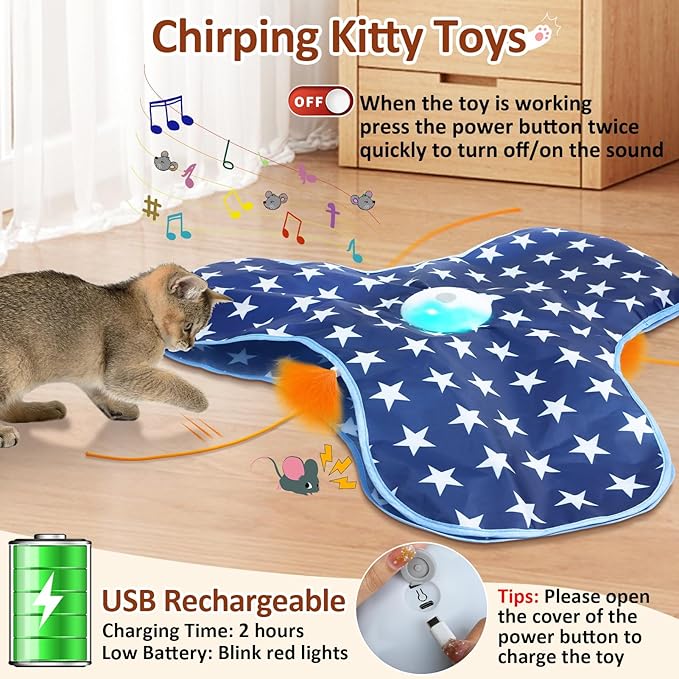 Interactive Cat Toy Rechargeable, Cat Exercise Toys for Indoor Bored Adult Cats, Hide and Seek Toy with Motion Activated, Moving Feather, Chirping