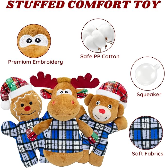 5pack Christmas Stuffed Plush Dog Interactive Dog Chew Toys for Small & Medium Dogs Durable Cute Animal Shape Squeaky for Puppy