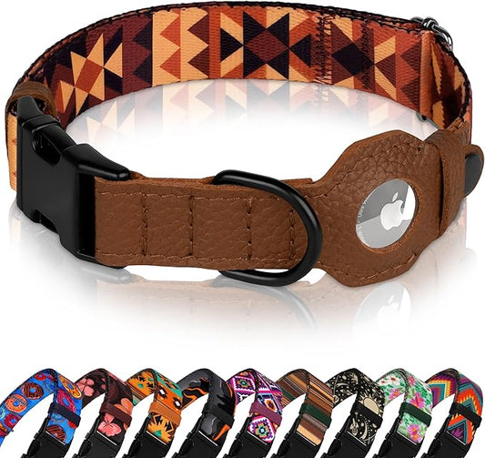 AirTag Dog Collar with Metal Buckle - Soft Leather Printed Nylon Dog Collar with Apple AirTag Holder - Cute Tracking GPS Pet Collars for Girl Boy Small Large Dogs (L, 17"-21" Neck Fit, Tribal)