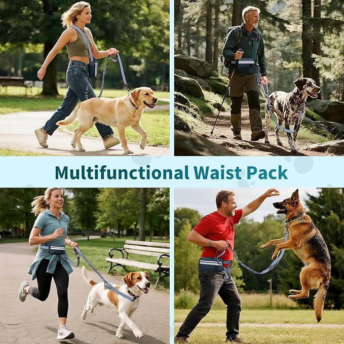 Hands Free Dog Leash with Removable Zipper Pouch, Dual Padded Handles and Durable Bungee for Walking, Jogging and Running-Navy Blue