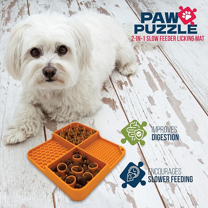 Palz&Co Paw Puzzle 2-in-1 Slow Feeder & Lick Mat for Dogs and Cats, Dry and Wet Food, Dishwasher Safe Silicone, Small 8"x8", Orange