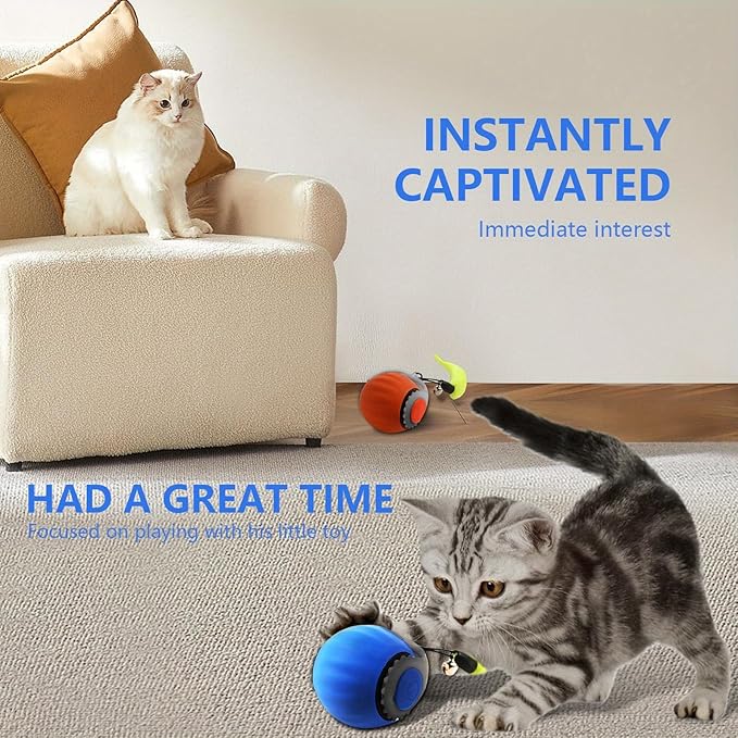Interactive Cat Toy Balls, 2025 New Automatic Moving Smart Cat Toy Ball, Interactive Pet Toy for Cats, Dogs Indoor, Automatic Rolling Pet Toy(Blue + Orange - 2pcs)