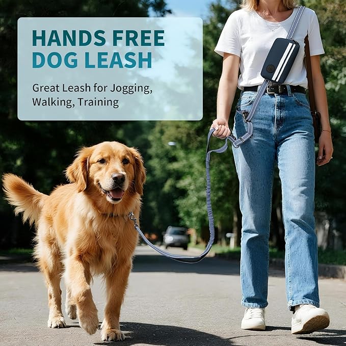 Hands Free Dog Leash with Removable Zipper Pouch, Dual Padded Handles and Durable Bungee for Walking, Jogging and Running-Navy Blue