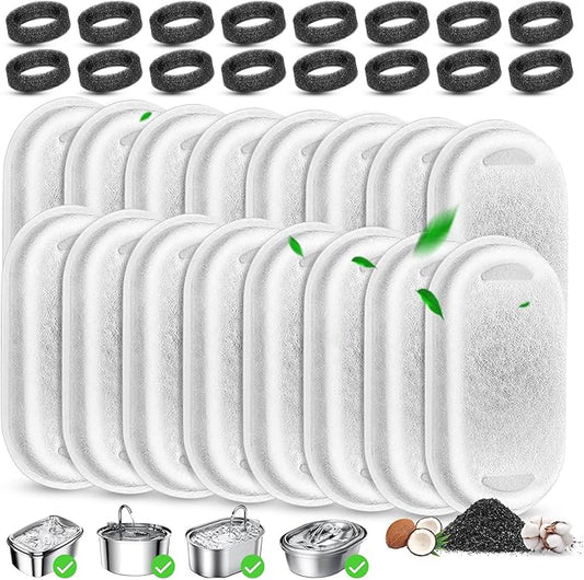Cat Water Fountain Filters Replacement, 16 Pcs Pet Water Fountain Filter with 16 Pcs Foam Sponges for 67oz/2L & 108oz/3.2L Stainless Steel Pet Cat Water Fountain Dispenser Filters