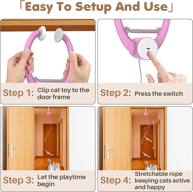 Interactive Cat Toys Rechargeable, Feather Toy for Indoor Cat, Hanging Retractable Teaser Toy, Automatic Kitten Play Chase Exercise Toys with Three Plush Mouse, USB Powered (Pink)