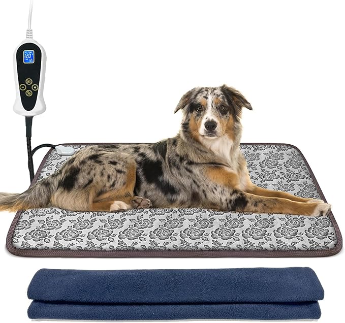 Large Dog Heating Pad for Dogs, Pet Heating Pad Electric, Waterproof, Heated Dog Bed with Timer, with Smart Thermostat Switch, Add Wire Rope with Blue Fabric Cover (Rose, 34x21 in)