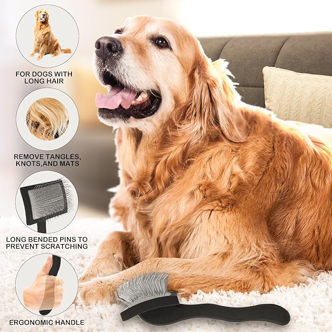 Black Slicker Brush for Goldendoodles, Labradoodles, Poodles - Grooming Kit for Medium & Long Haired Dogs