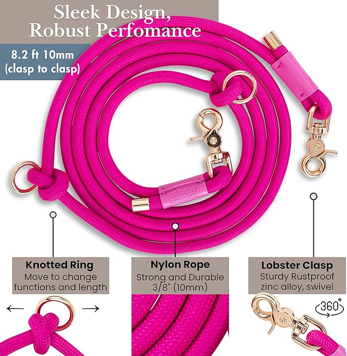 Hands Free Dog Leash, Waist Leash for Dog Walking, Crossbody, Multifunctional, Dog Lead, Running, Pink Adjustable Lead 4.3ft - 7.5ft, Double Lead for 2 Dogs, Dual Handle, Dog Training, 3/8" (10mm).