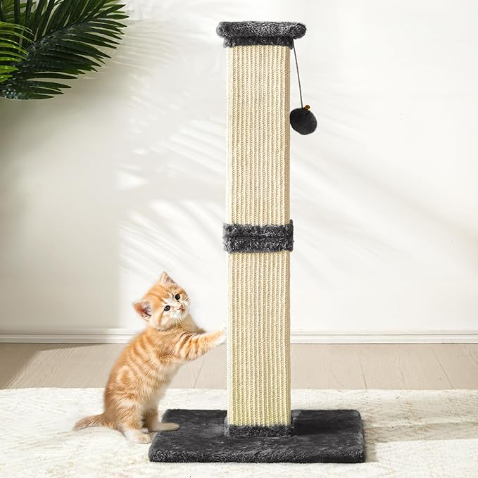 Indoor Cat Scratching Post: 32 in Tall Cat Scratcher with Natural Sisal Rope, Kitty Pet Tower with Sturdy Wood Base and Hanging Ball Toy, Great Gift for Small and Large Kittens, Grey