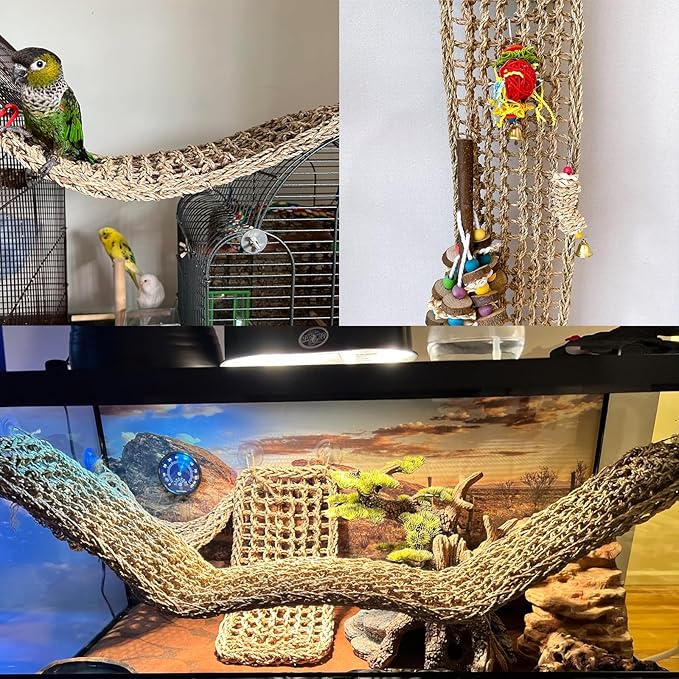 Bird Seagrass Mat 39.4×7" Natural Grass Woven Net Hammock Hanging on Parrot Cage with Hooks Parakeet Climbing Rope Ladder Chew Toys for Lovebird Cockatiel Conure Budgie Cockatoo Supplies