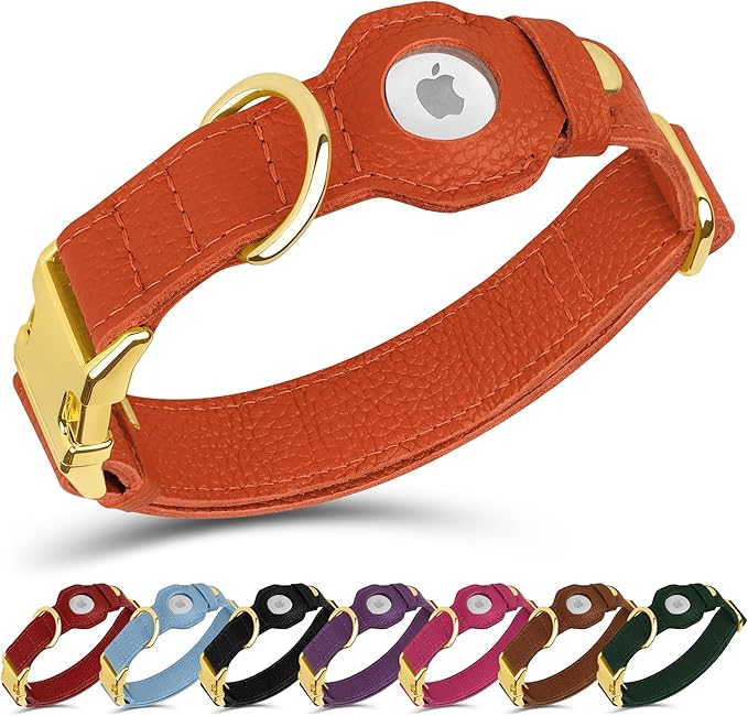 Leather Airtag Dog Collar - Soft Tracking Dog Collar with Apple AirTag Holder and Metal Buckle - Safety GPS Pet Collars for Small Medium Large Dogs Puppy Pink Red (Orange, S, 12"-15" Neck Fit)