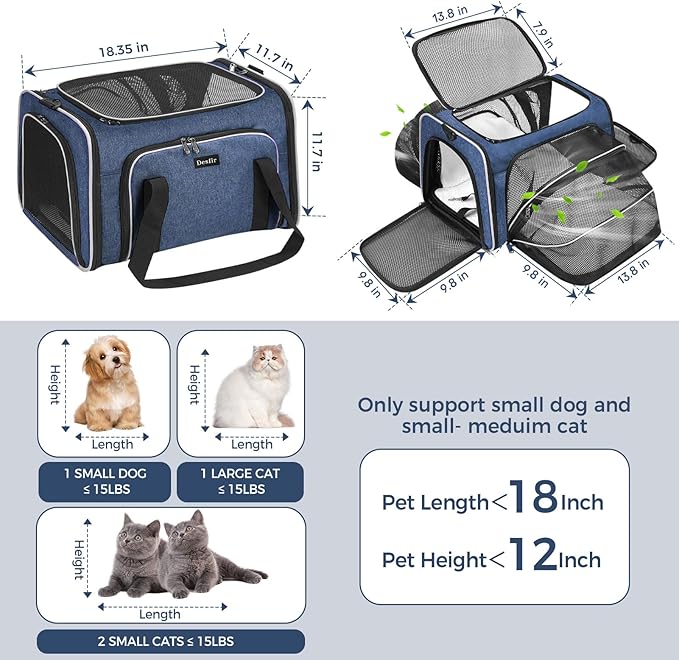 Cat Dog Carrier Bag - Expandable Soft-Sided Travel Pet Carrier with Ventilated Mesh, Fleece Pad, 18x11x11 Inch for Kitten, Rabbit, Puppy,Guinea Pig, Small Animal, Airline Approved