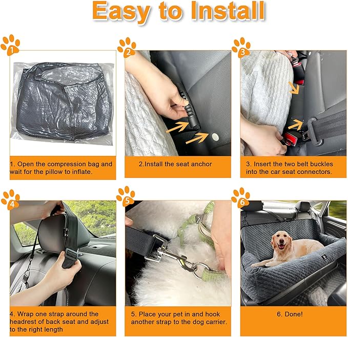 Large Dog Car Seat Under 100LBS,Dog Car Bed with Safety Tethers/Storage Pocket,Only for Back Seat-Gray