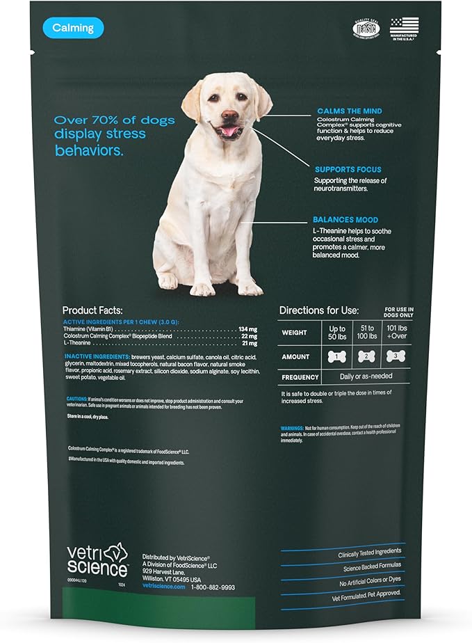 VetriScience Calm & Confident Calming Chews for Dogs, Supplement for Stress Support, Thunderstorms, Fireworks, & Travel, Bacon, Soft Chews, 120 Count - New Look