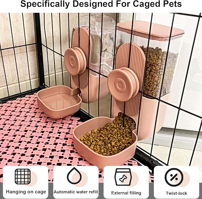 Hanging Automatic Pet Food Water Dispenser, 35oz Rabbit Feeder for Cage Gravity Feeder Siphon Waterer Set for Rabbit Chinchilla Hedgehog Ferret Cat Puppy (Pink)