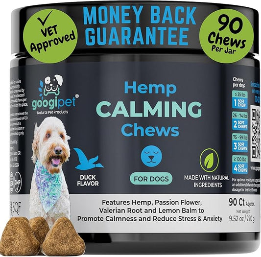 Googipet Hemp Calming Chews for Dogs - Separation Anxiety Relief for Dogs, Non-Drowsy Dog Calming Chews - Anxiety Relief Treats with Valerian Root, & Hemp - Helps Aid with Thunder, Shaking & Barking