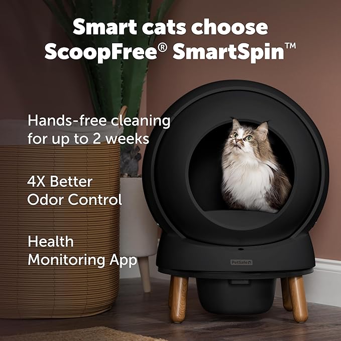 PetSafe ScoopFree SmartSpin Self-Cleaning Cat Litter Box, Black – Advanced Odor Control, App Controlled with Health Monitoring, Works with Any Litter, Up to 2 Weeks of Hands-Free Cleaning