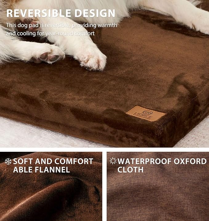 Dog Crate Pad - Dog Bed Large Sized Dogs with Removable Washable Cover and Waterproof Lining - Memory Foam Pet Bed for Crate - Reversible Kennel Mat (Cool & Warm), 36-inch, Brown