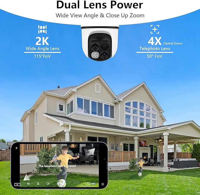 wansview Solar Camera Outdoor Wireless-2K 360°PTZ Cameras for Home Security with Dual Lens, Solar Panel/Battery Powered, PIR Detection, Color Night Vision, 2.4Ghz Wi-Fi Only, Works with Alexa, B7 1P W