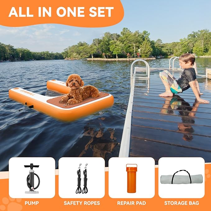Inflatable Dog Water Ramp Pet Dock Platform Orange, Pet Water Platform for Boat Pool Lake Sea, Non-Slip Safety Floating Dock for Dogs up to 200lbs, EVA Puppy Float Ramp Dog Water Ladder